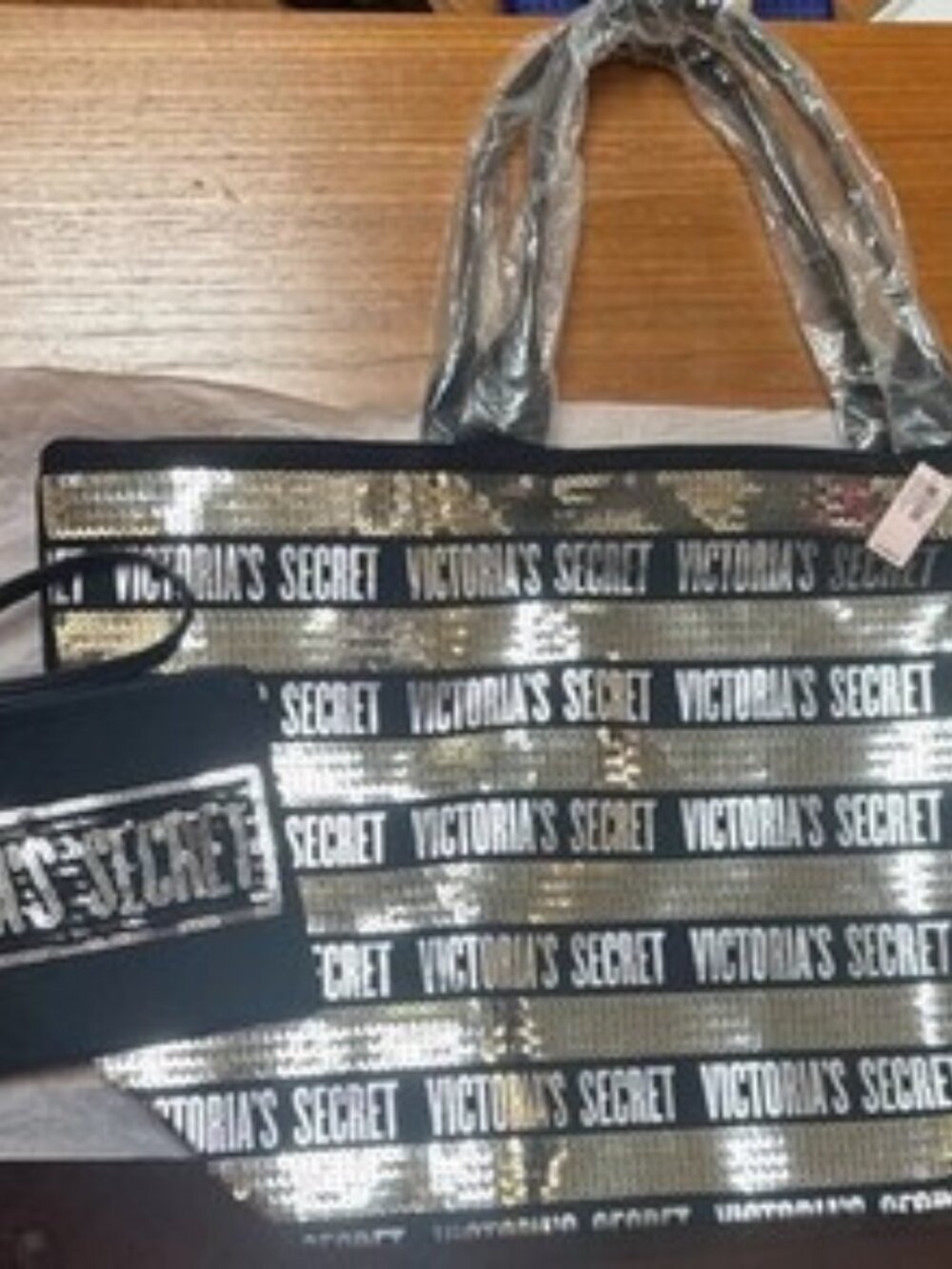 NWT Victoria Secret Fabric/Leather handle sequin Tote bag w/ Pouch set